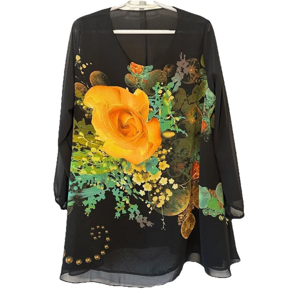 Jianruyi Rose Print Tunic Blouse Black Sheer Sleeve Stretch Boho Top Large